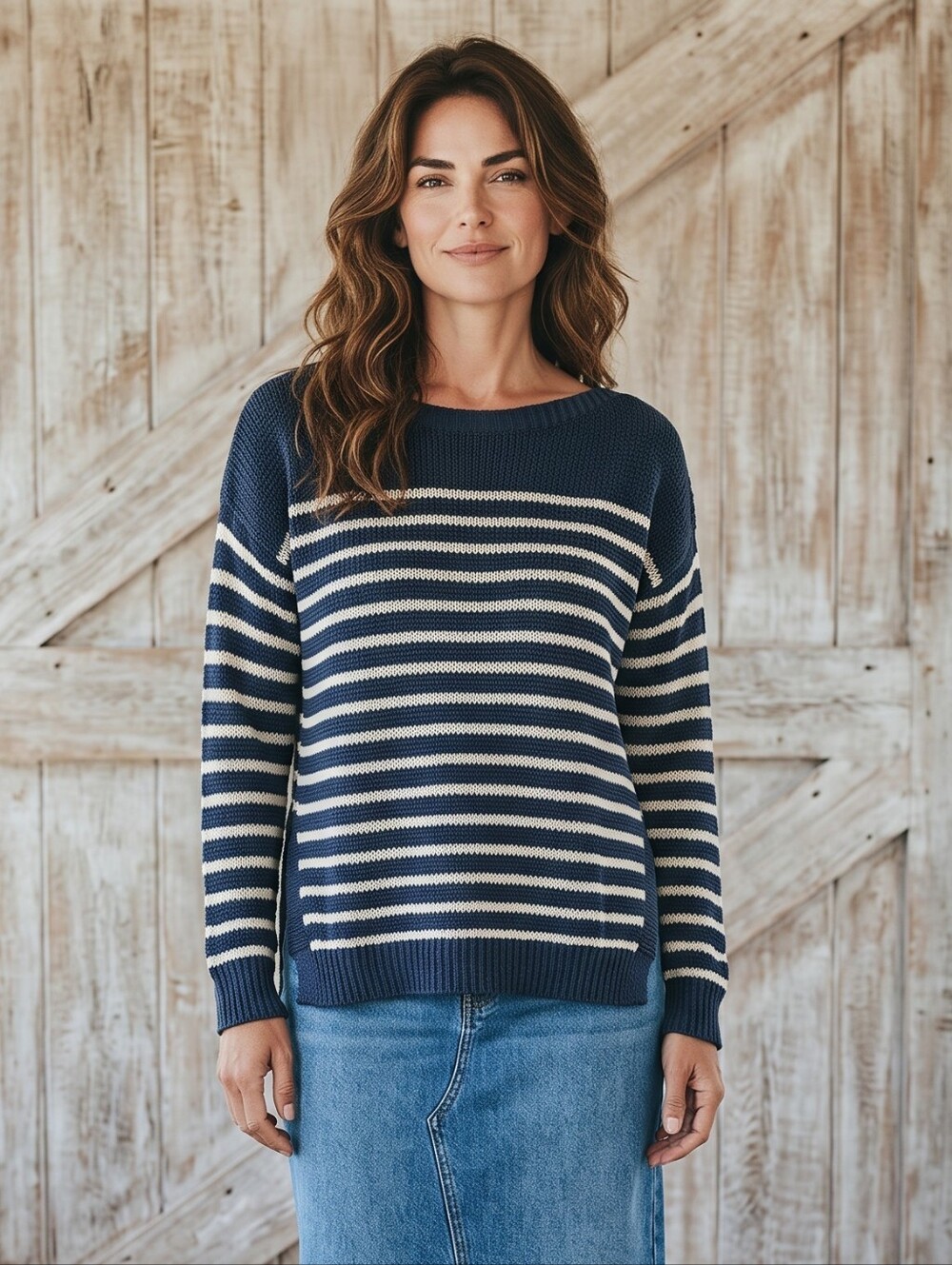 Polo by Ralph Lauren Slate Blue and Cream Striped Crewneck Sweater